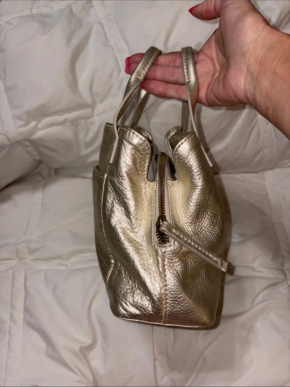 American Leather Co. Ada Triple Entry Leather Satchel metallic champagne color